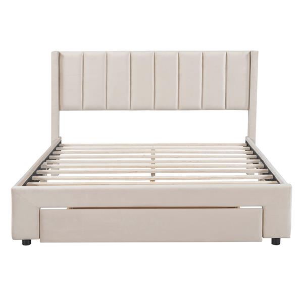 Queen Size Storage Bed Velvet Upholstered Platform Bed with a Big Drawer - Beige