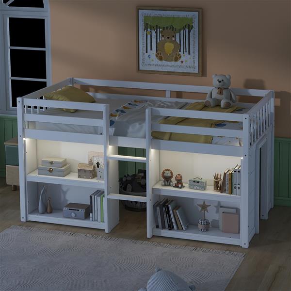 Twin Size Kid Low Loft Bed With Two-Tier Shelves And LED Light For White Color