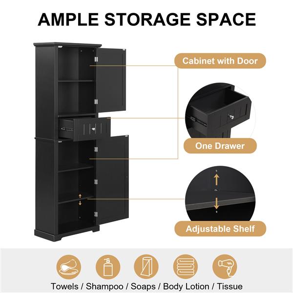 Tall Bathroom Storage Cabinet, Freestanding Storage Cabinet with Drawer and Adjustable Shelf, MDF Board with Painted Finish, Black