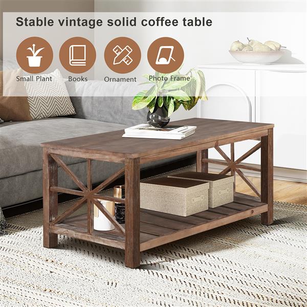 47 Inch Modern Coffee Table with Storage Shelf, Farmhouse Rectangle Living Room Center Table for Small Spaces(Antique Brown)