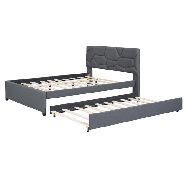 Full Size Upholstered Platform Bed with Brick Pattern Headboard and Twin Size Trundle, Linen Fabric, Gray