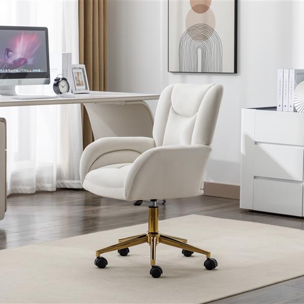 005-Velvet Fabric 360 Swivel Home Office Chair With Gold Metal Base And Universal Wheels,Ivory