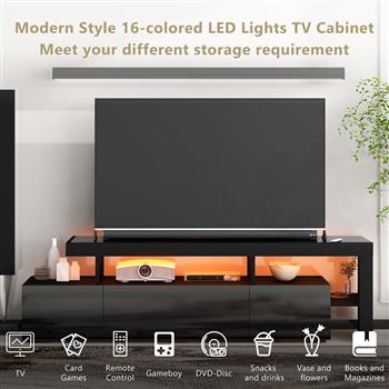 Modern Style 16-colored LED Lights TV Cabinet,  UV High Gloss Surface Entertainment Center with DVD Shelf,  Up to 70 inch TV, Black