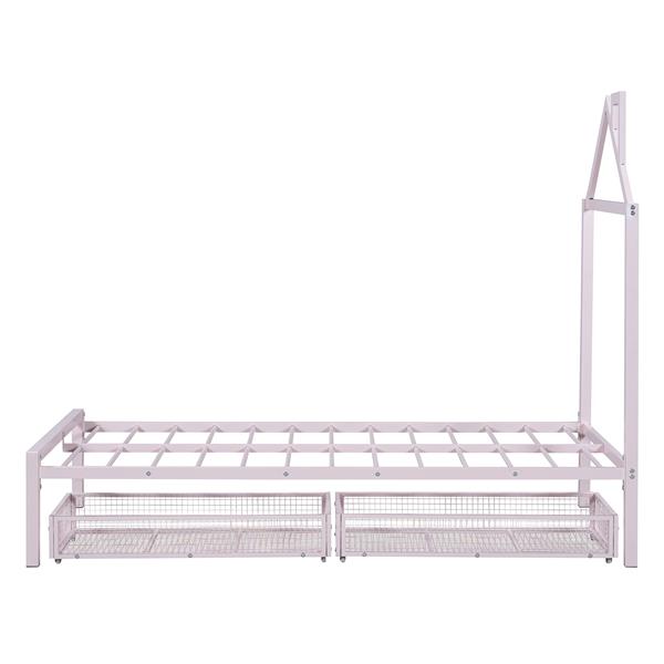 Twin Size Metal Platform Bed with two drawers,House-Shaped Headboard Design, Pink