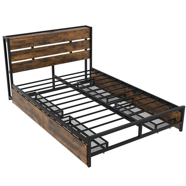 Metal Platform Bed With Four drawers, Sockets and USB Ports, Full, Black