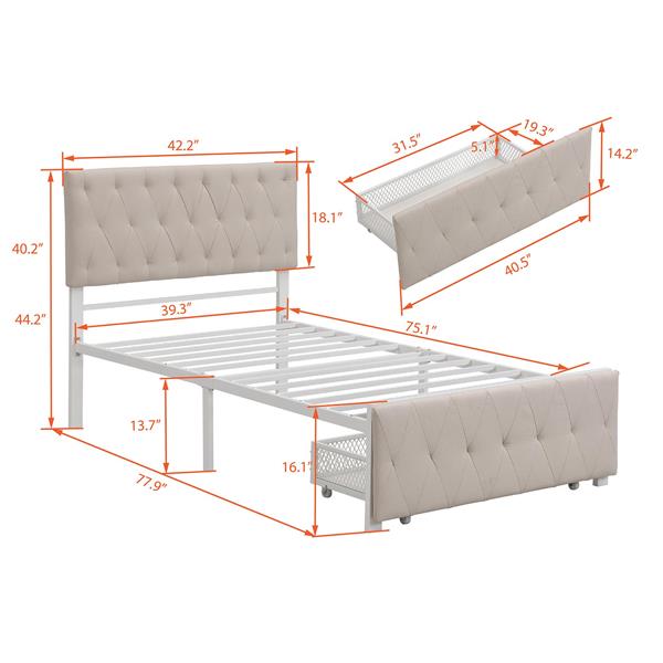 Twin Size Storage Bed Metal Platform Bed with a Big Drawer - Beige