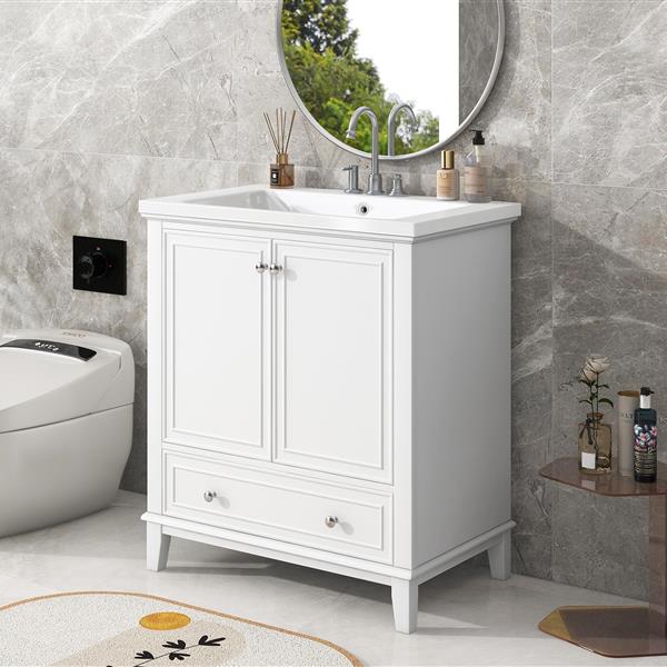 30" Bathroom Vanity with Sink Combo, Multi-functional Bathroom Cabinet with Doors and Drawer, Solid Frame and MDF Board, White