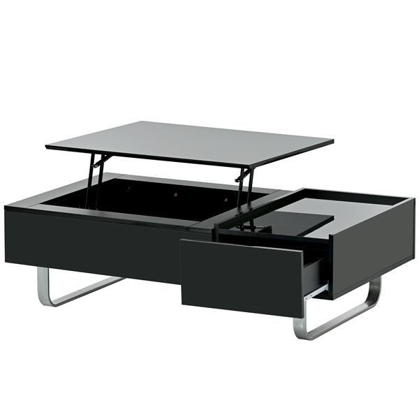 [VIDEO provided] Multi-functional Coffee Table with Lifted Tabletop, Contemporary Cocktail Table with Metal Frame Legs, High-gloss Surface Dining Table for Living Room, Black