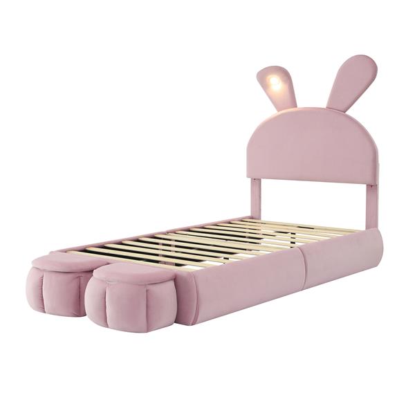 Twin Size Upholstered Platform Bed with Cartoon Ears Shaped Headboard and Light, Pink