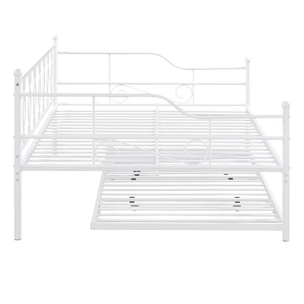 Full Size Metal Daybed with Twin Size Adjustable Trundle, Portable Folding Trundle, White