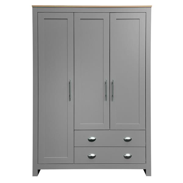 Three Door Storage Wardrobe with Cabinets and Two Hanging Rods,Gray