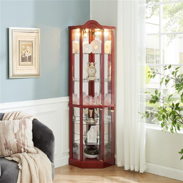 Glass Cabinet Lighted Corner Cabinet Corner Display Curio Cabinet, Glass Display With Light(Included)Bar Cabinet,Wine Cabinet with Adjustable Glass Shelves Carved Decoration Cherry Light(Included)