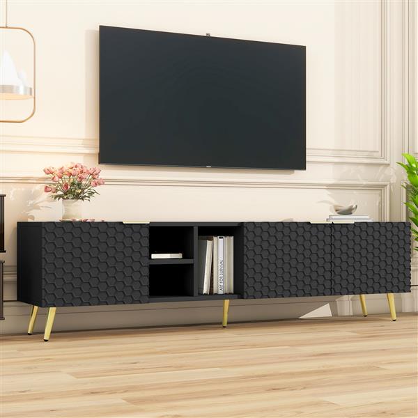 Modern Minimalist Geometric TV Cabinet with Metal Handles and Gold Legs for TVs Up to 80'', Multi-functional TV Stand with Storage Cabinets, Entertainment Center for Living Room, Black