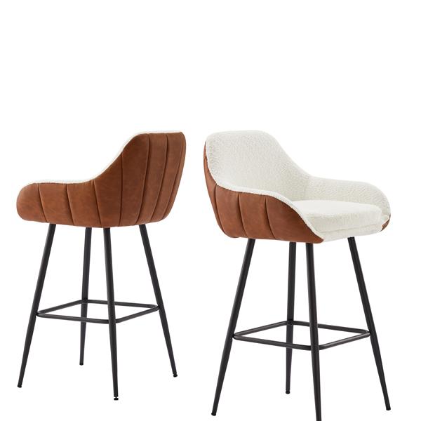 26" Modern Counter Height Bar Stools Set of 2, Mid Century Leather Upholstered Arm Bar Stools, Leisure Side Chair with Metal Legs for Kitchen&Dining Room