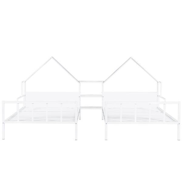 Metal Double Twin Size Platform Bed with House-shaped Headboard and a Built-in Nightstand, White