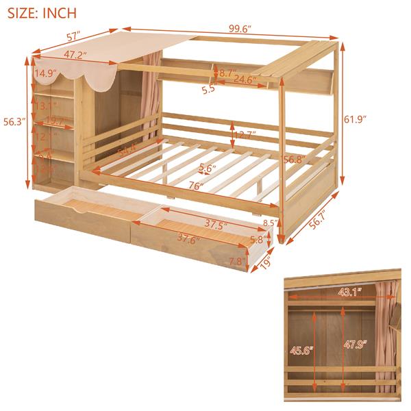 Full size House Bed with Two Drawers and Wardrobe,Natural