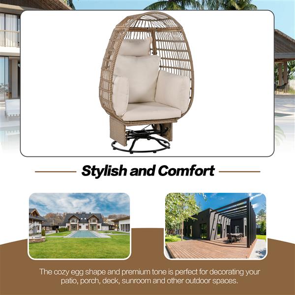 Outdoor Swivel Chair with Cushions, Rattan Egg Patio Chair with Rocking Function for Balcony, Poolside and Garden (Natural Wicker + Beige Cushion)