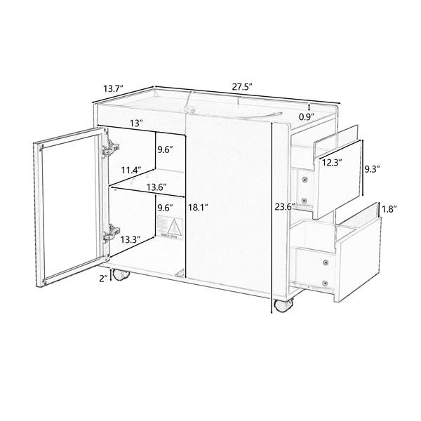 Modern End Table with LED light and Wheels, Side Table with Transparent Brown Glass Door, 2 Storage Shelves and Drawers for Living Room, White