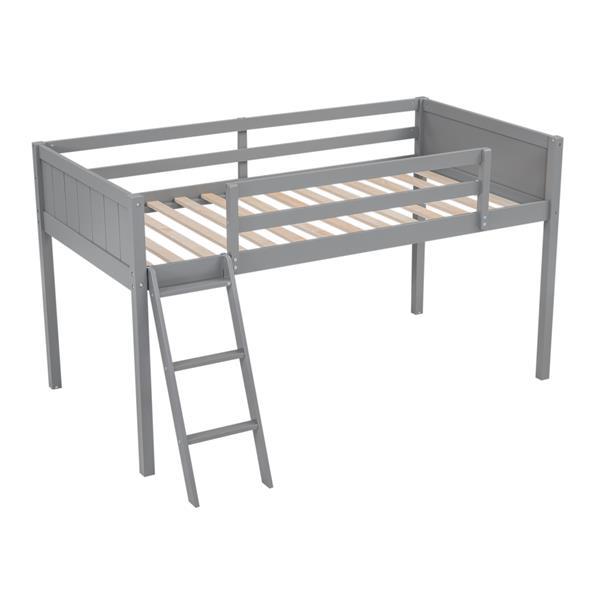 Twin Size Wood Loft Bed with Ladder, ladder can be placed on the left or right, Gray