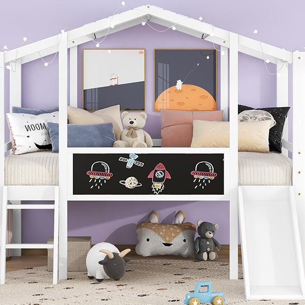 Twin Size Loft Bed with Ladder and Slide, House Bed with Blackboard and Light Strip on the Roof, White