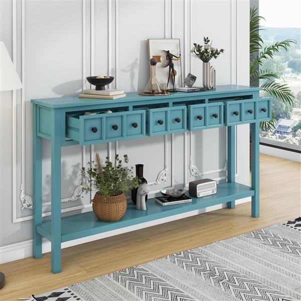 Rustic Entryway Console Table, 60" Long Sofa Table with two Different Size Drawers and Bottom Shelf for Storage (Turquoise Green)