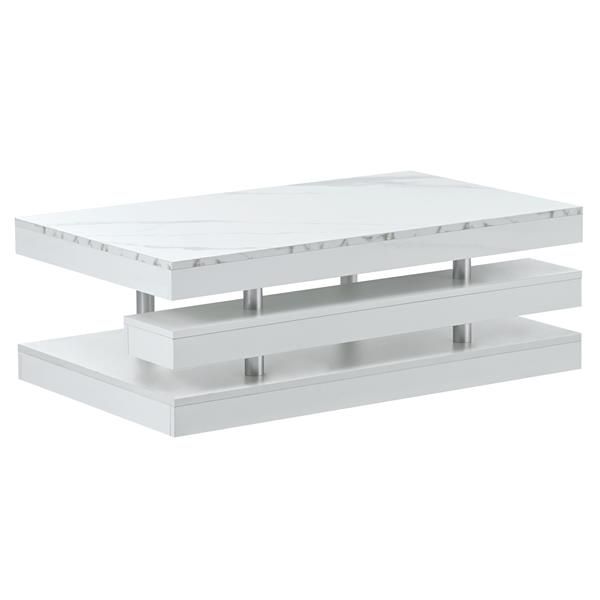 [VIDEO provided] Modern 2-Tier Coffee Table with Silver Metal Legs, Rectangle Cocktail Table with High-gloss UV Surface, Minimalist Design Center Table for Living Room, White