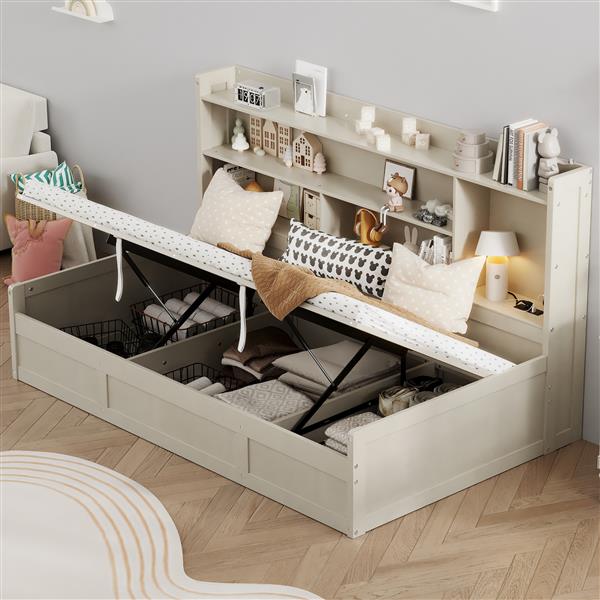 Twin Size Daybed Frame with Storage Bookcases and Underneath Storage, USB Charging Station, Gray