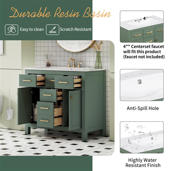 36'' Bathroon Vanity with Resin Sink Combo Set,Modern  Single Bathroom Cabinet with 4 Drawers & 2 Cabinets,Storage Cabinet for Bathroom, Solid Wood Frame Vanity Set, Green