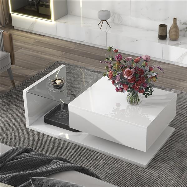 [VIDEO provided] Modern Coffee Table with Tempered Glass, Wooden Cocktail Table with High-gloss UV Surface, Modernist 2-Tier Rectangle Center Table for Living Room, White