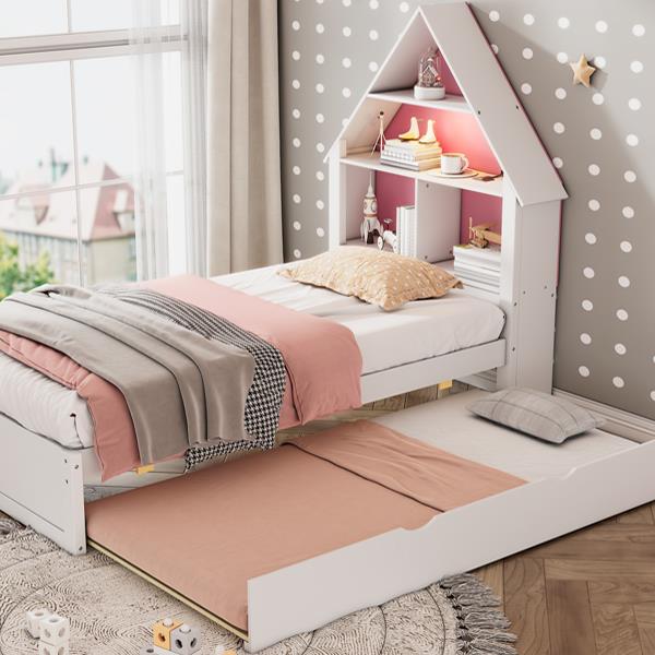 Twin Size House-Shaped Bed with Bookcase Headboard and Led Light and Twin Size Trundle for Kids Boys Girls, Pink+ White