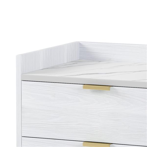 Wooden Nightstand with 2 Drawers and Marbling Worktop, Mordern Wood Bedside Table with Metal Legs&Handles,White