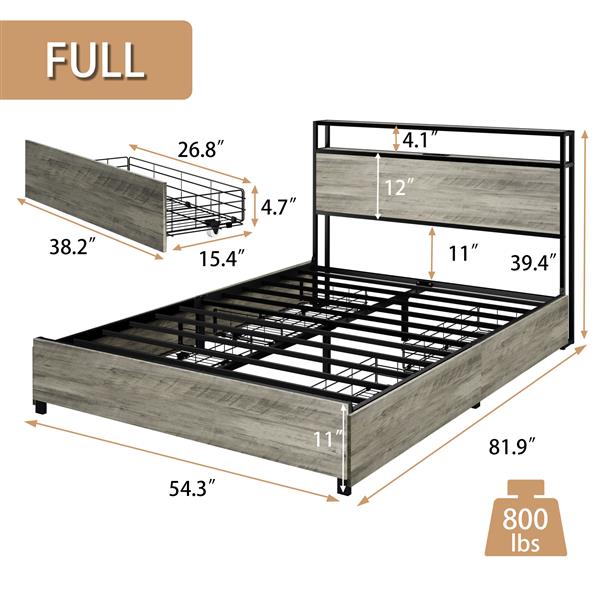 Full Size Bed Frame with 4 Storage Drawers and 2 USB Ports, Upholstered Platform Bed Frame with Storage Headboard Charging Station and metal Slat Support, No Box Spring Needed, Dark Grey.