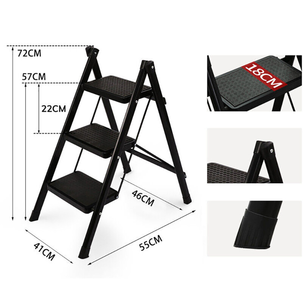 Portable Folding 3 Step Ladder Compact Heavy Duty Anti-Slip Mat Stool Black