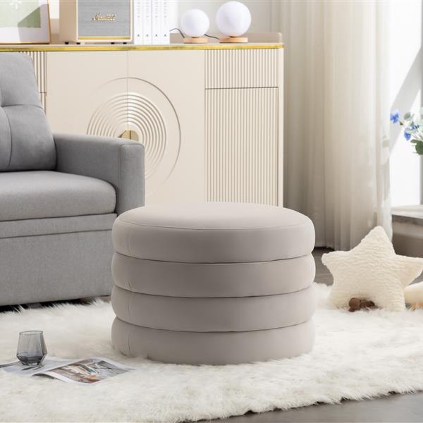 007-Velvet Fabric Storage Round Ottoman Footstool With Wooden Shelving,Light Gray