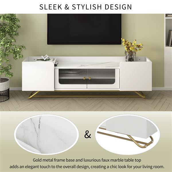 Sleek Design TV Stand with Fluted Glass, Contemporary Entertainment Center for TVs Up to 70", Faux Marble Top TV Console Table with Gold Frame Base, White