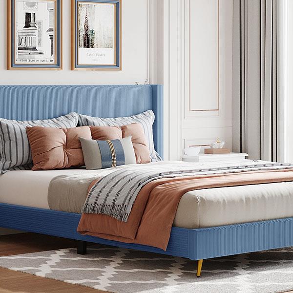 Queen Size Corduroy Platform Bed with Metal Legs, Blue