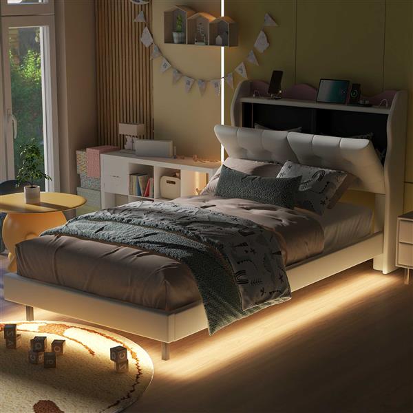 Twin Size Upholstery Platform Bed Frame with LED Light Strips,Headboard Storage Space and Two USB Charging Deisgn,Beige