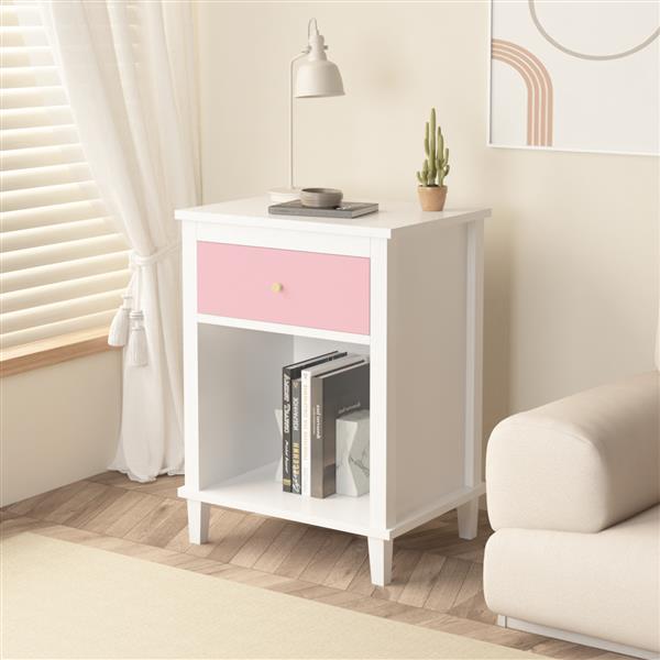 26.77''H Wooden Nightstand with One Drawer One Shelf for Kids, Adults, Pink