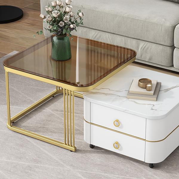 2-in-1 Square Nesting Coffee Table with Wheels & Drawers, Stackable Side Table with High Gloss Marble Grain Top, End Table Set with Brown Tempered Glass for Living Room, White