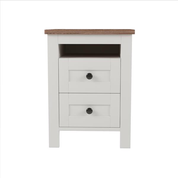 2-Drawer Farmhouse Wooden Nightstand with Well-proportioned Design and Sleek Lines, Wood Side Table with Storage Cabinet for Bedroom, White+Brown