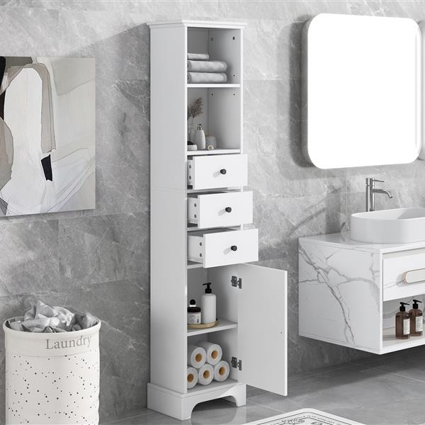 White Tall Bathroom Cabinet,  Storage Cabinet with 3 Drawers and Adjustable Shelf, MDF Board with Painted Finish