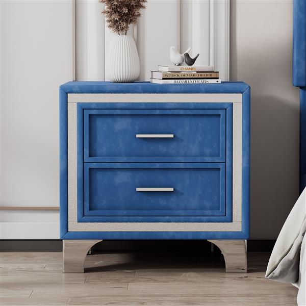 2-Drawer Nightstand with Metal Legs for Bedroom, Mid Century Nightstand Fully Assembled Except Legs and Handles,Velvet Bedside Table-Blue