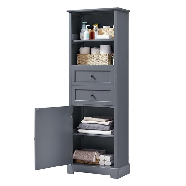 Bathroom Storage Cabinet, Tall Storage Cabinet with Two Drawers, Open Storage, Adjustable Shelf, Grey