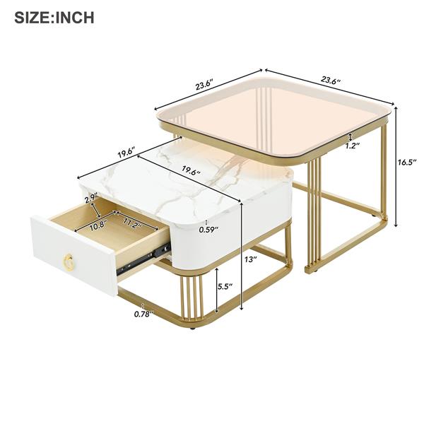 Nesting Coffee Table with Drawer, Set of 2, Exquisite Square Stacking Coffee Tables with Brown Tempered Glass, Side Table with High Gloss Marble Grain Tabletop for Living Room, White