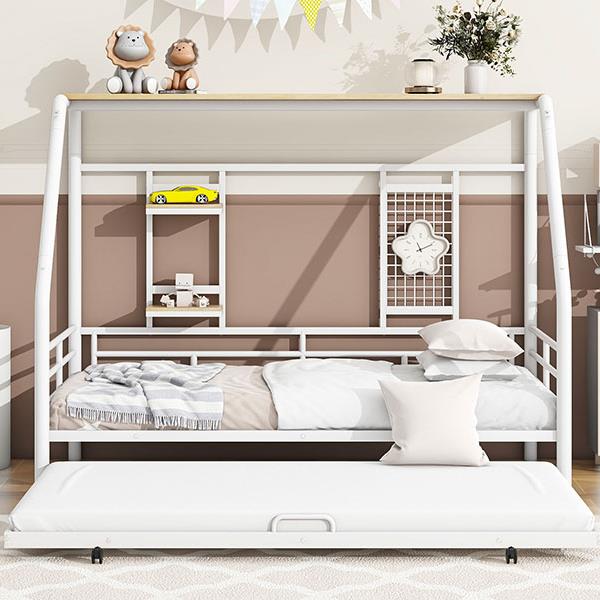 Twin Size Metal House Bed with Trundle, White