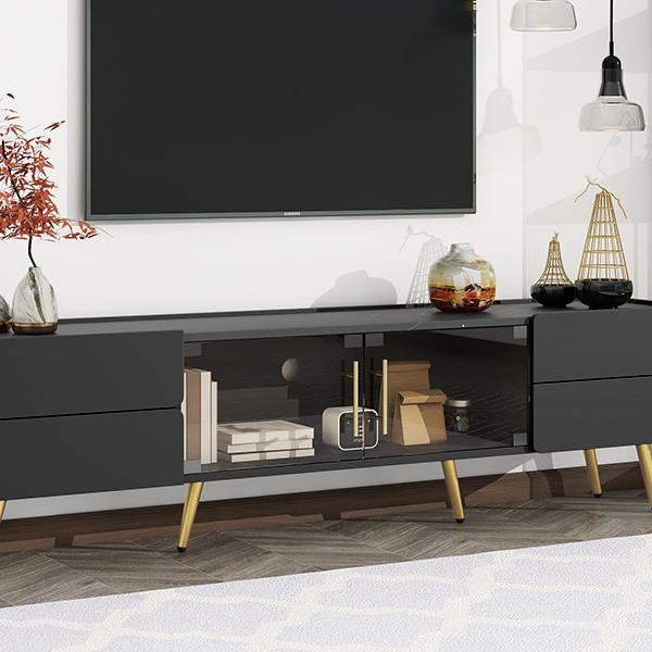 Modern TV Stand with LED lights for TVs up to 80 Inches, Entertainment Center with 4 Drawers and 1 Cabinet with Brown Glass Door, Media Console with Metal Legs and Handles for Living room