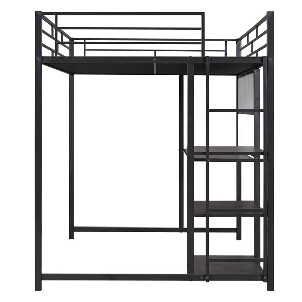 Full Size Loft Bed with Desk and Whiteboard, Metal Loft Bed with 3 Shelves and Ladder, Black