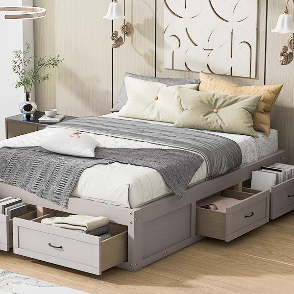 Queen Size Platform Bed with 6 Storage Drawers,Antique White