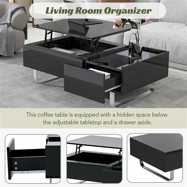 [VIDEO provided] Multi-functional Coffee Table with Lifted Tabletop, Contemporary Cocktail Table with Metal Frame Legs, High-gloss Surface Dining Table for Living Room, Black