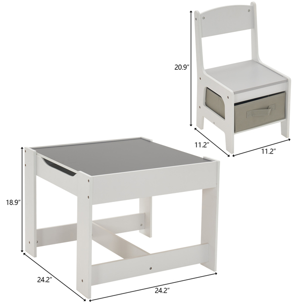 Children's Wooden Table And Chair Set With Two Storage Bags (One Table And Two Chairs) Grey And White